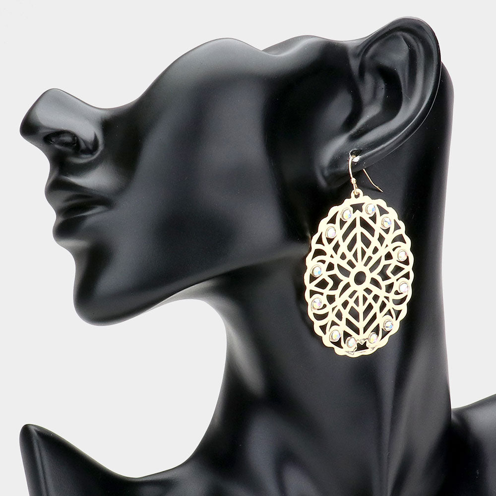 Stone Embellished Brass Metal Patterned Oval Dangle Earrings