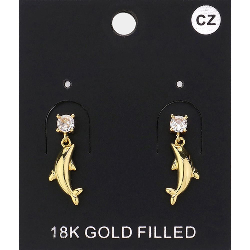 CZ Stone Pointed Metal Dolphin Dangle Earrings