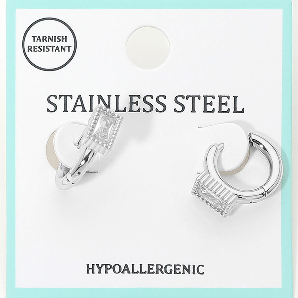 Stainless Steel Baguette Stone Accent Mini Huggie Hoop Earrings