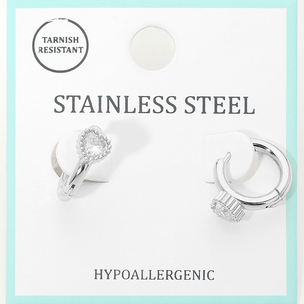 Stainless Steel Heart Stone Accent Mini Huggie Hoop Earrings