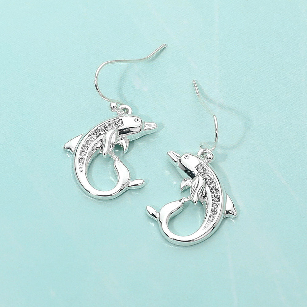 Stone Paved Dolphin Dangle Earrings