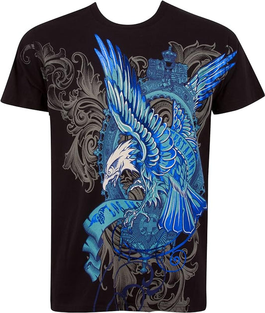 Sakkas Camiseta de moda de algodón con cuello redondo y manga corta para hombre, color azul metálico con águila