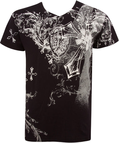 Cross and Vines Short Sleeve V-Neck Cotton Mens Fashion T-Shirt
