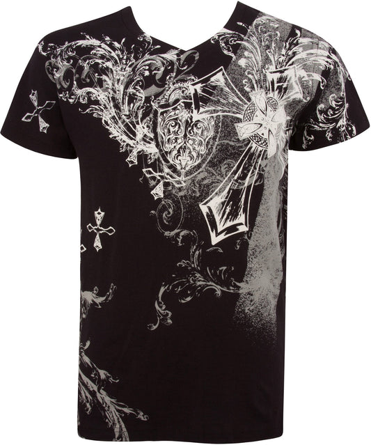 Camiseta de algodón de manga corta con cuello en V y diseño de cruz y enredaderas para hombre