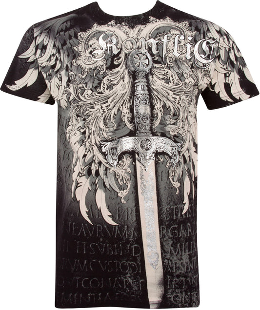 Camiseta de moda de algodón para hombre, manga corta, cuello redondo, con diseño de espada plateada metálica en relieve