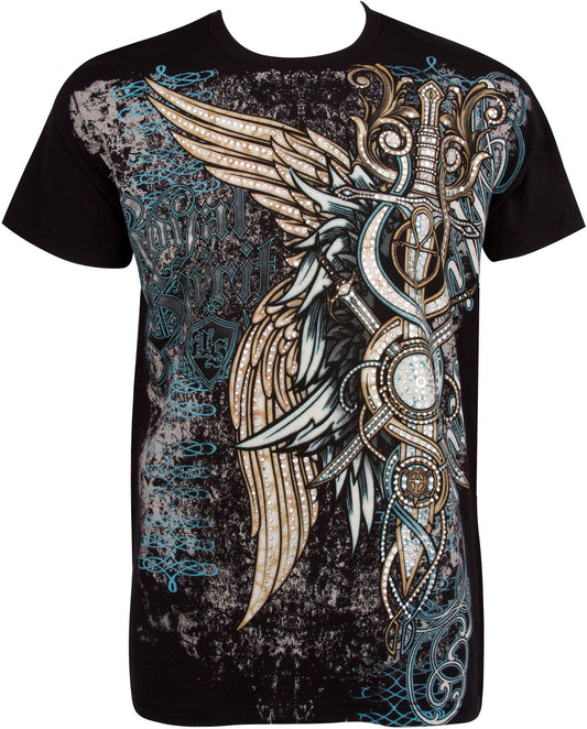 Camiseta de moda para hombre de algodón plateado metalizado con grabado de Sakkas Wings and Swords