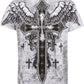 Metallic Silver Embossed Cross Short Sleeve Crew Neck Cotton Mens Fashion T-Shirt