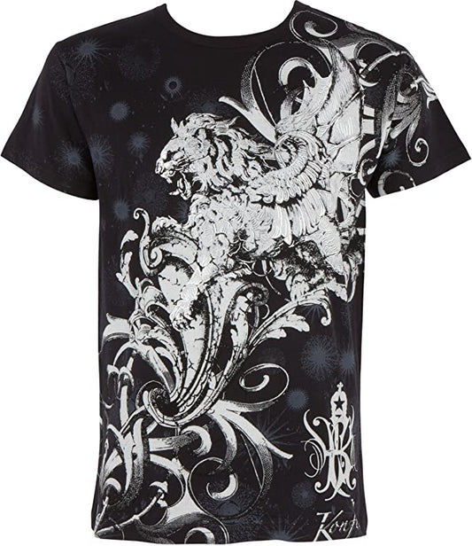 Camiseta de moda de algodón con relieve metálico plateado para hombre Sakkas Lion and Vines