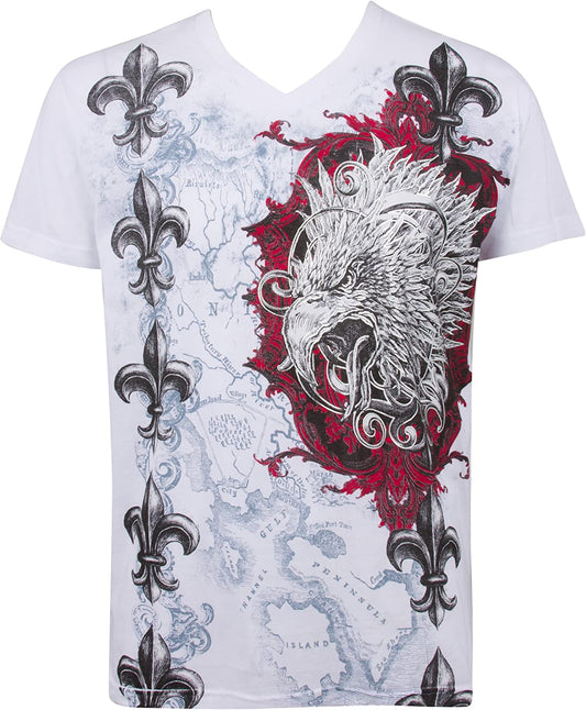 Camiseta Sakkas de Hombre de Algodón con Cuello V y Manga Corta, con Cabeza de Águila Repujada Plateada: Una Camiseta de Moda