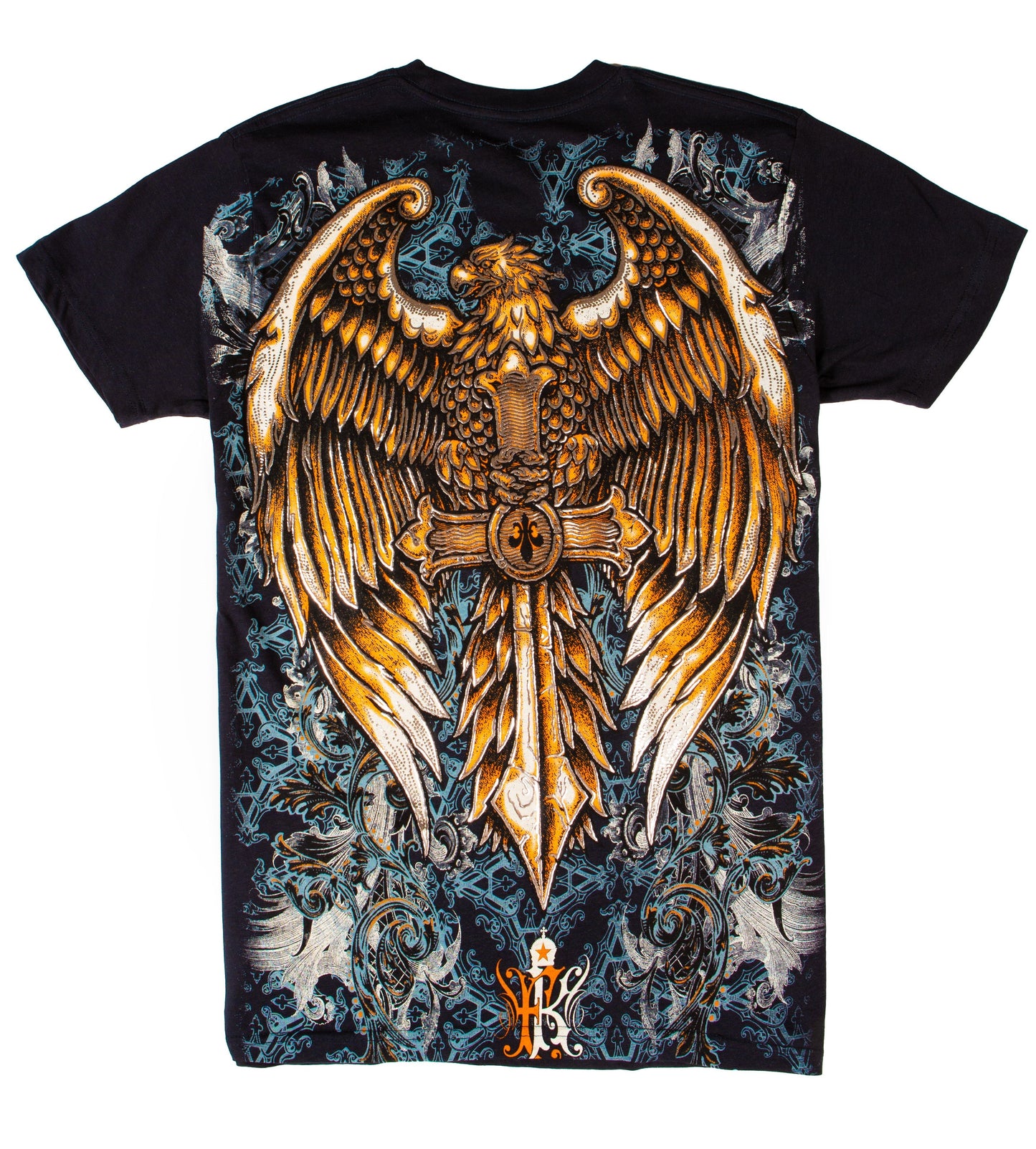 Camiseta de algodón para hombre Sakkas con águila posada en una espada, diseño metálico plateado en relieve