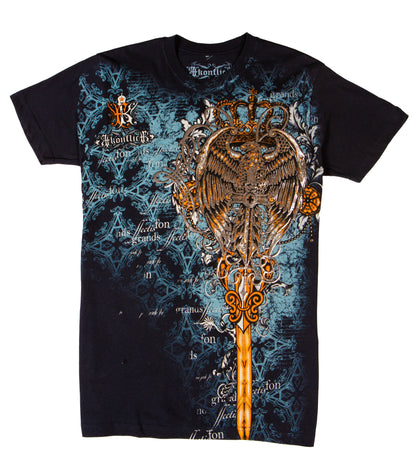 Camiseta de algodón para hombre Sakkas con águila posada en una espada, diseño metálico plateado en relieve