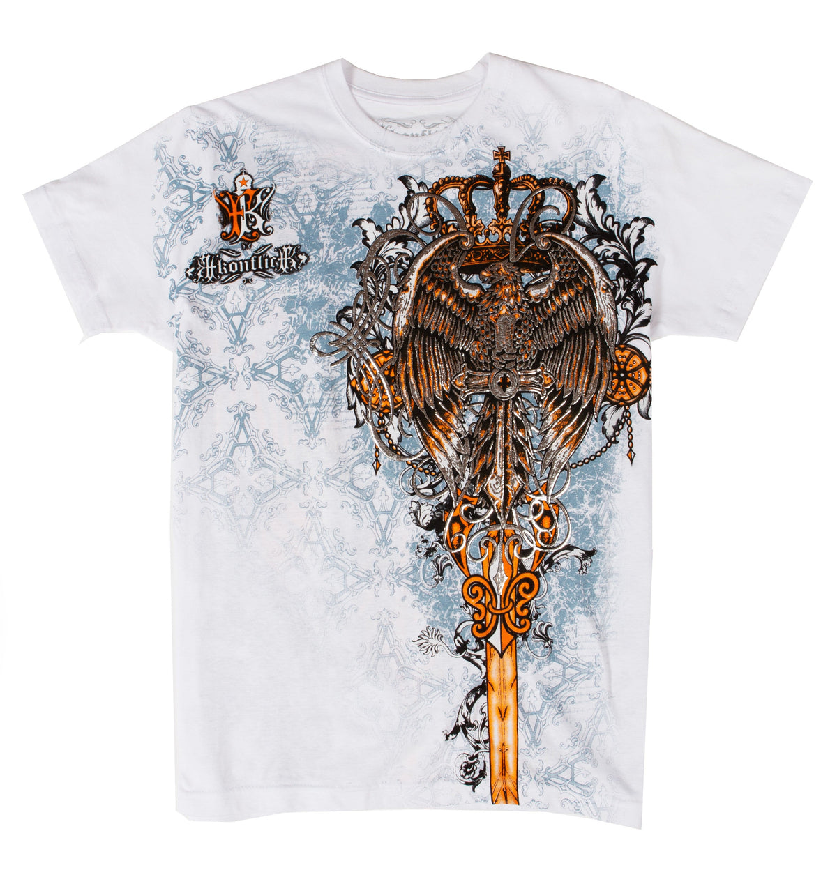 Camiseta de algodón para hombre Sakkas con águila posada en una espada, diseño metálico plateado en relieve