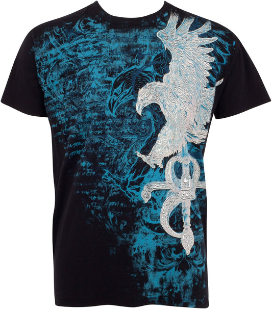 Camiseta de moda de algodón Sakkas Eagle and Sword en plata metálica repujada para hombre