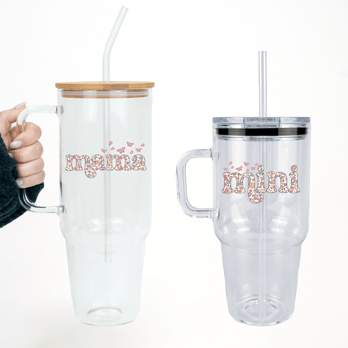 Set de vasos a juego mamá + mini con diseño floral de mariposas