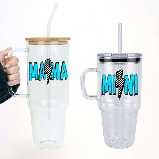 Mama + Mini  Retro Checkered Lightning Bolt Matching Tumbler Set