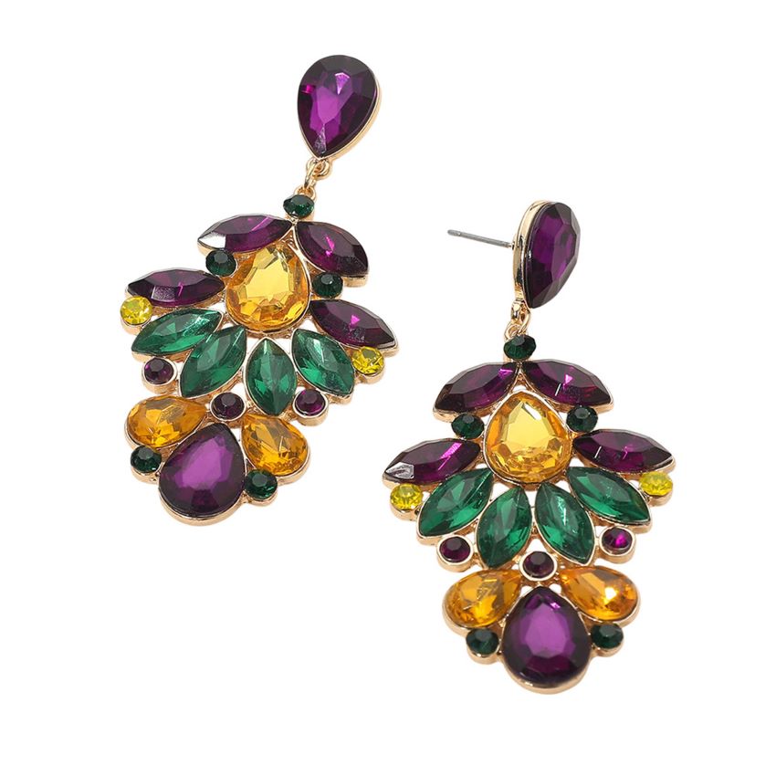 Mardi Gras Glass Stone Cluster Drop Evening Earrings
