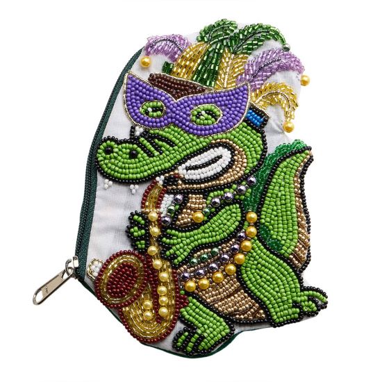 Mardi Gras Jester Alligator Seed Beaded Mini Pouch Bag