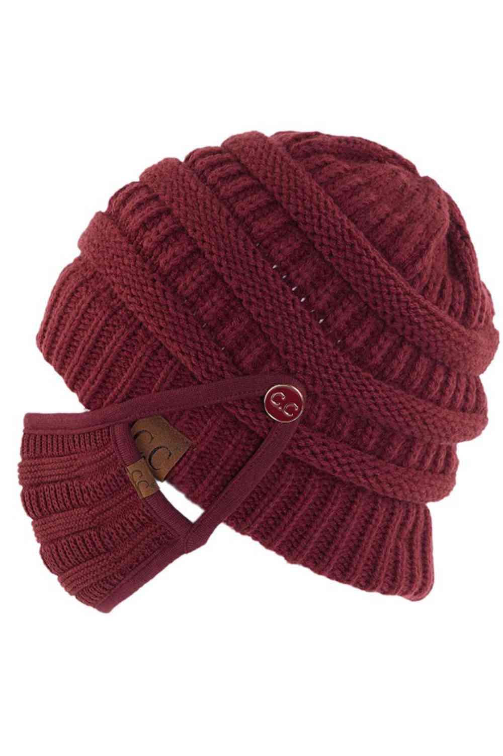 C.C Ribbed Knit Beanie With Mask Button