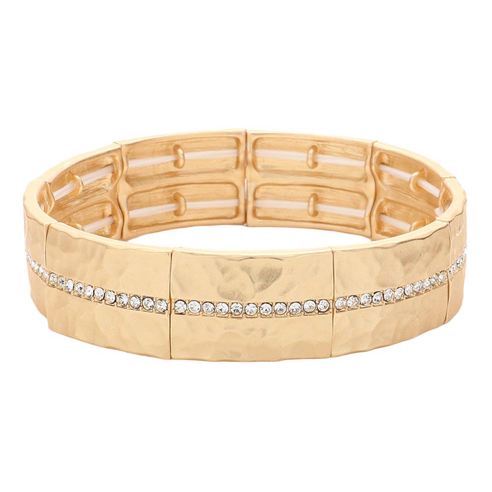 Stone Paved Line Center Pointed Hammered Metal Stretch Bracelet