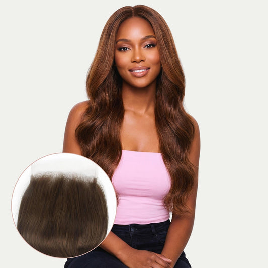 Cierre de cabello humano con encaje HD 5x5 ondulado, color castaño medio