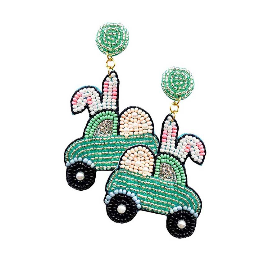 Felt Back Seed Beaded Easter Bunny Car Dangle Earrings