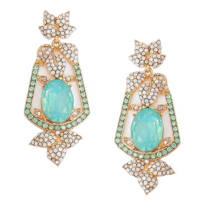 Oval Crystal Rhinestone Leaf Evening Earrings
