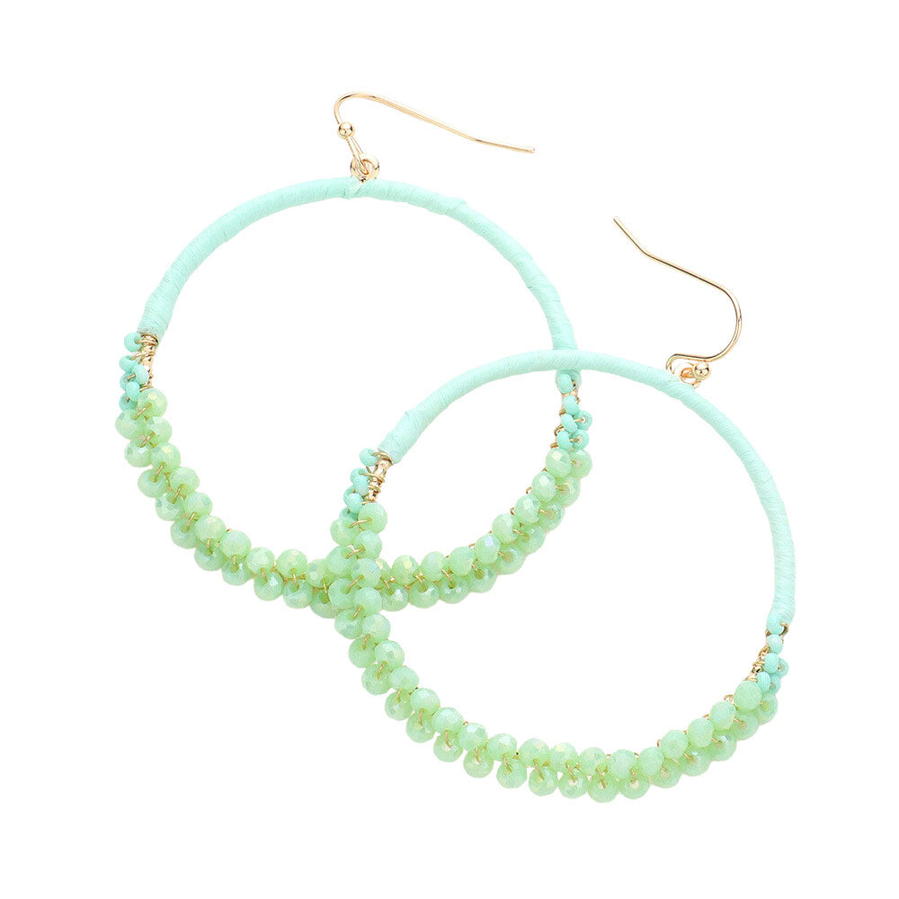 Raffia Faceted Bead Wrapped Open Metal Circle Earrings