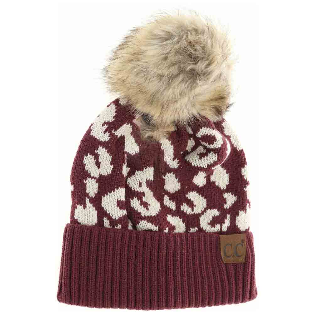 Leopard Pattern Fur Pom C.C Beanie
