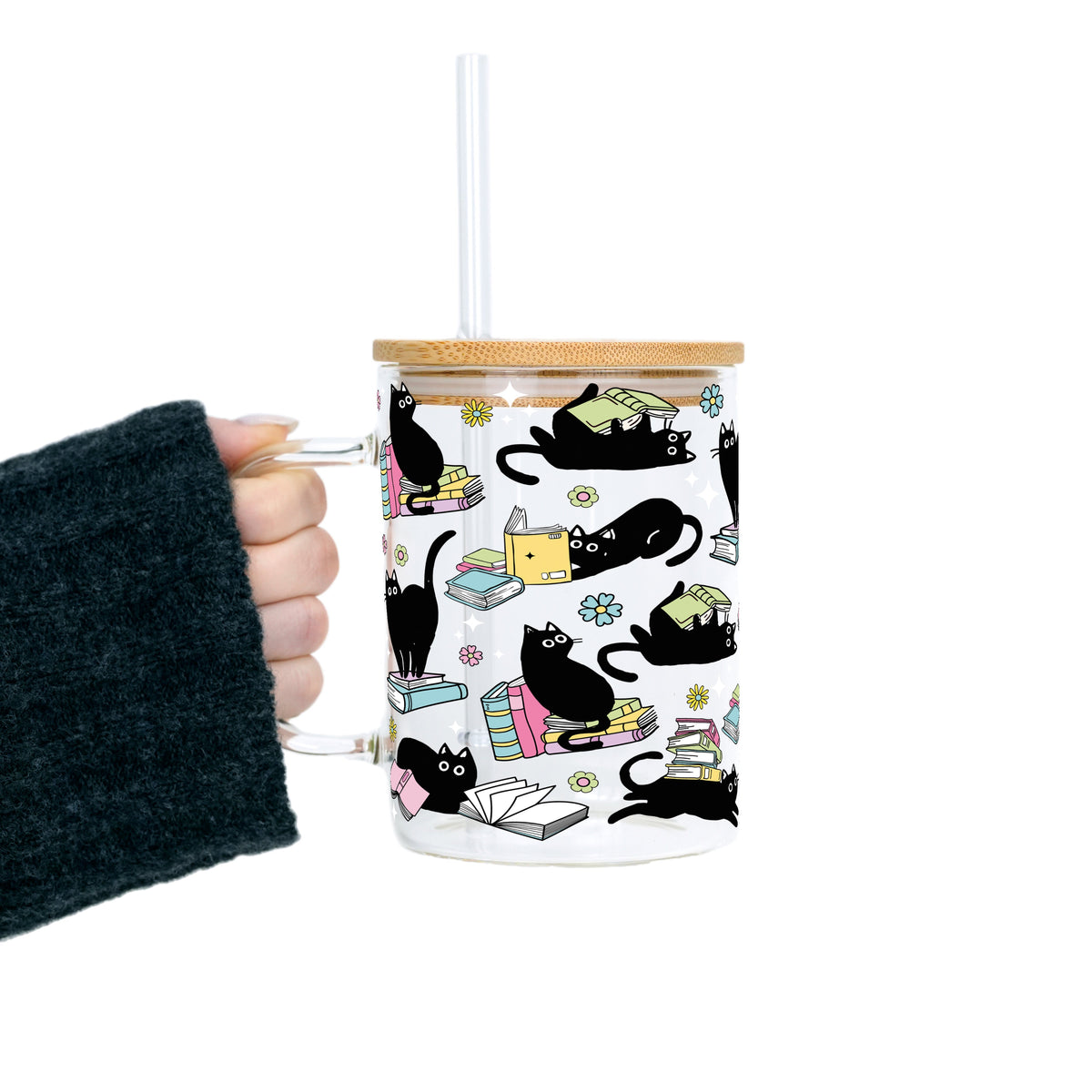 Black Cats on Books Glass Cups