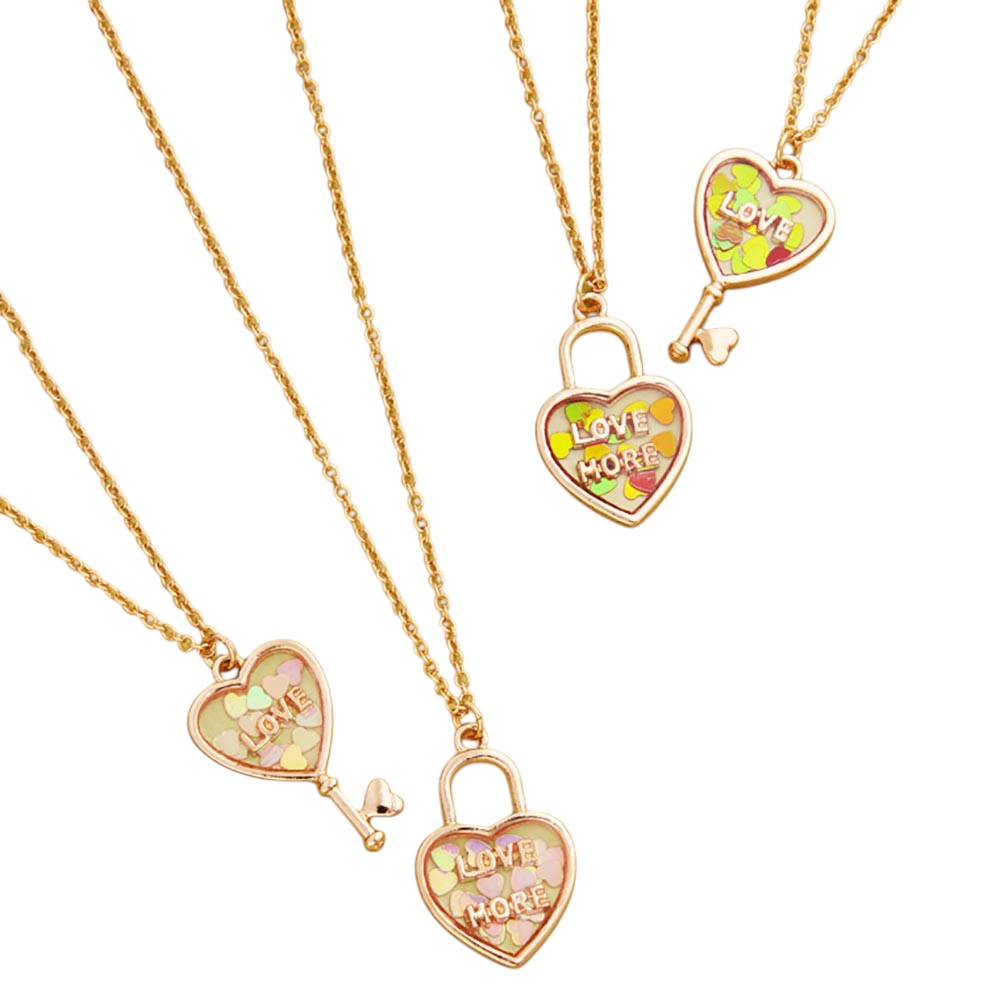 2PCS - Love & Love More BFF Heart Lock Key Necklace Set Jewelry Set