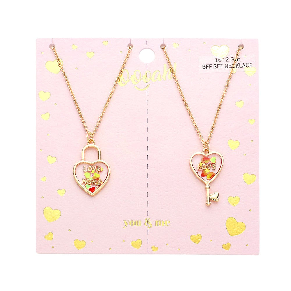 2PCS - Love & Love More BFF Heart Lock Key Necklace Set Jewelry Set