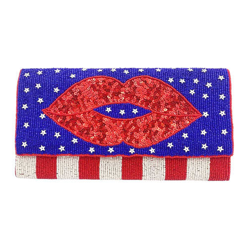 American USA Flag Lips Seed Beaded Clutch Crossbody Bag