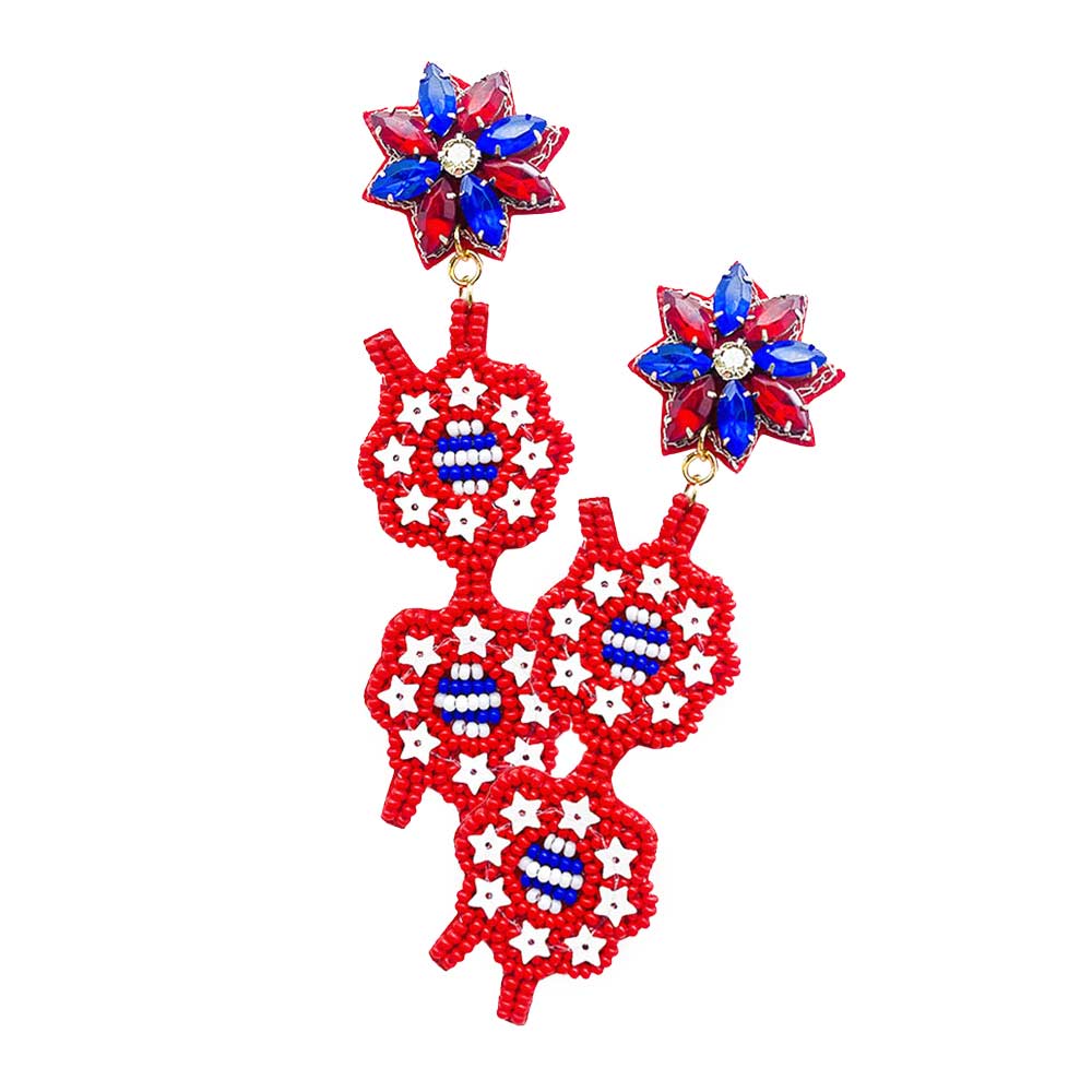 Felt Back Seed Beaded American USA Flag Dangle Earrings