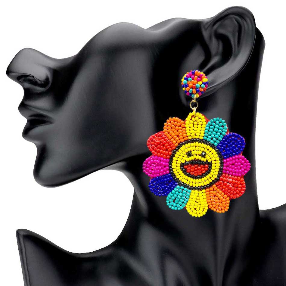 Felt Back Seed Beaded Smile Flower Dangle Earrings