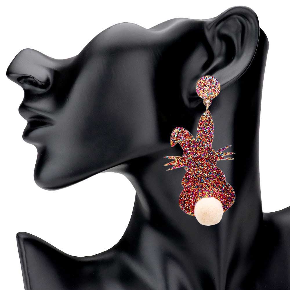 Glittered Resin Easter Bunny Pom Pom Tail Dangle Earrings