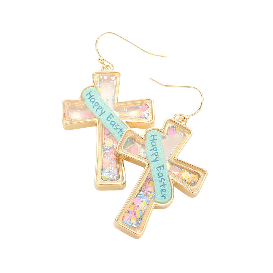 Happy Easter Message Confetti Cross Dangle Earrings