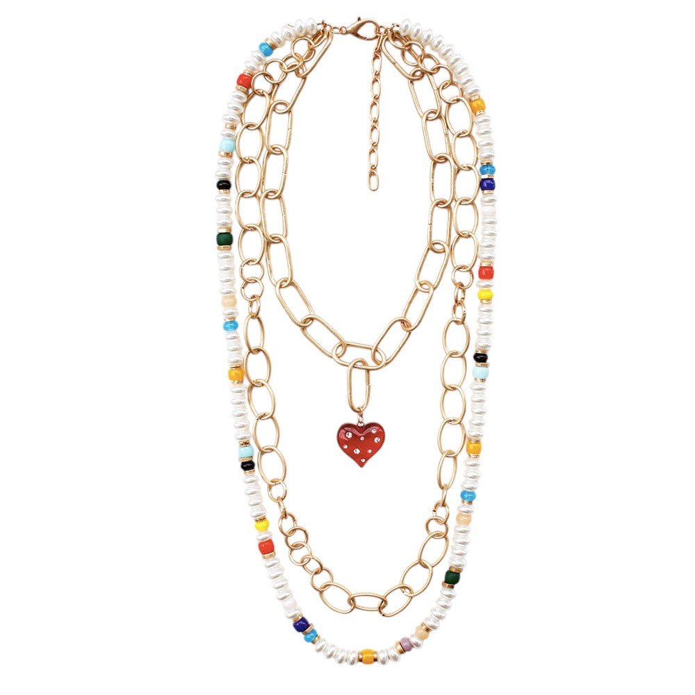 Heart Pendant Accented  Pearl Resin Beaded Triple Layered Necklace