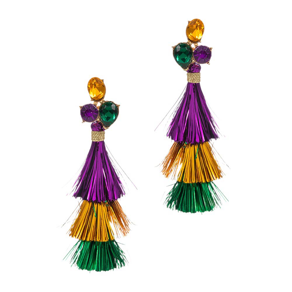 Mardi Gras Triple Tassel Layered Dangle Earrings