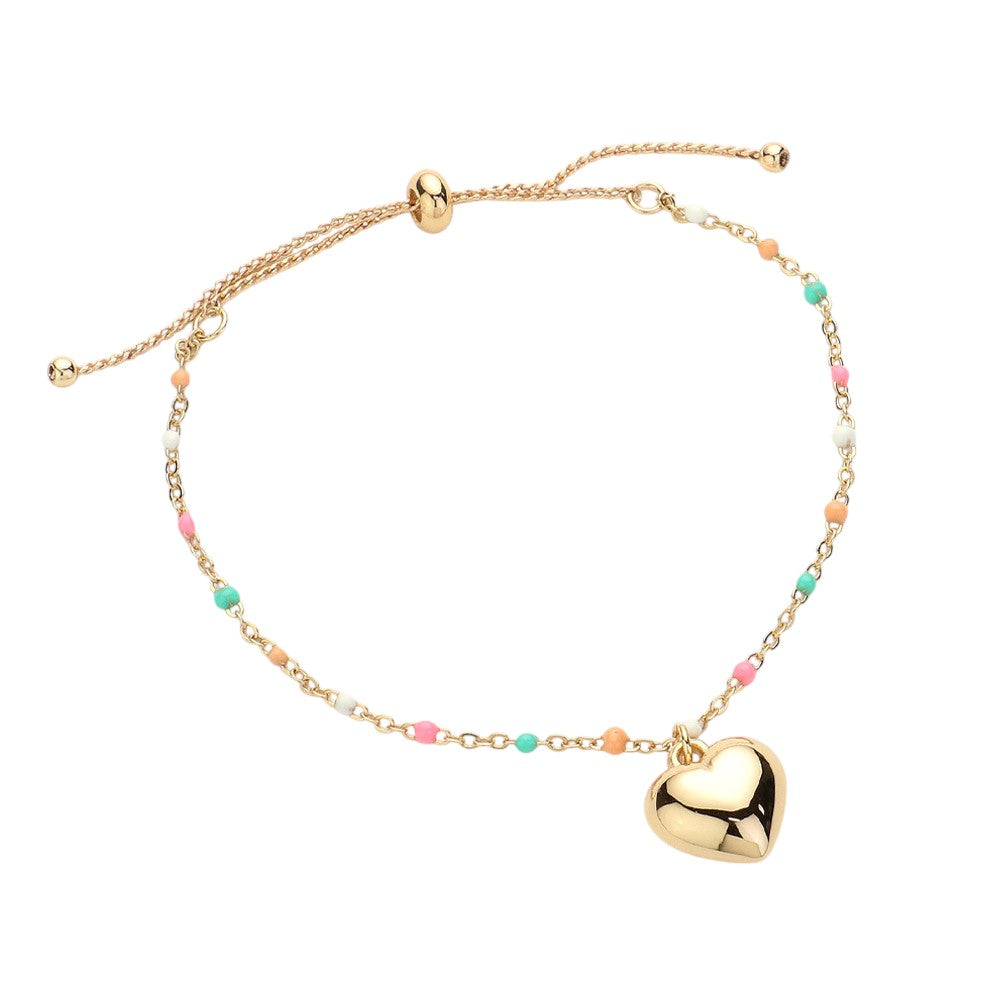 Metal Heart Charm Beads Station Pull Tie Cinch Bracelet