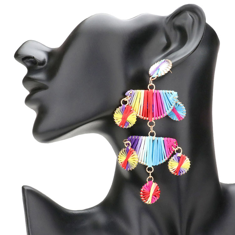 Raffia Wrapped Geometric Metal Link Dangle Earrings