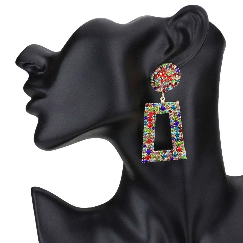 Rhinestone Pave Open Rectangle Dangle Evening Earrings