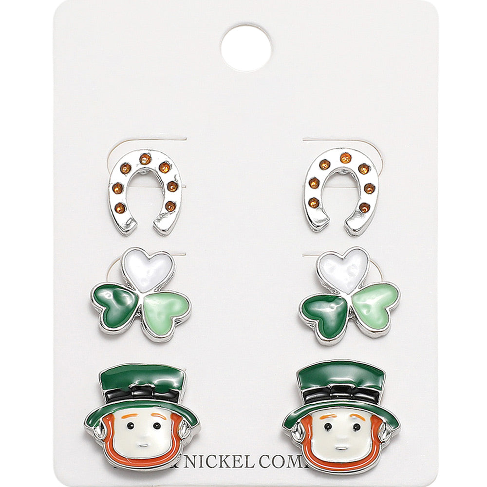 Enamel St Patricks Clover Leprechaun Horseshoe Stud Earring Set