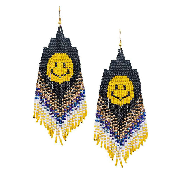 Smile Accented Seed Beaded Fringe Dangle Earrings