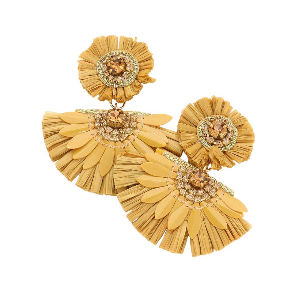 Stone Embellished Floral Raffia Link Dangle Earrings