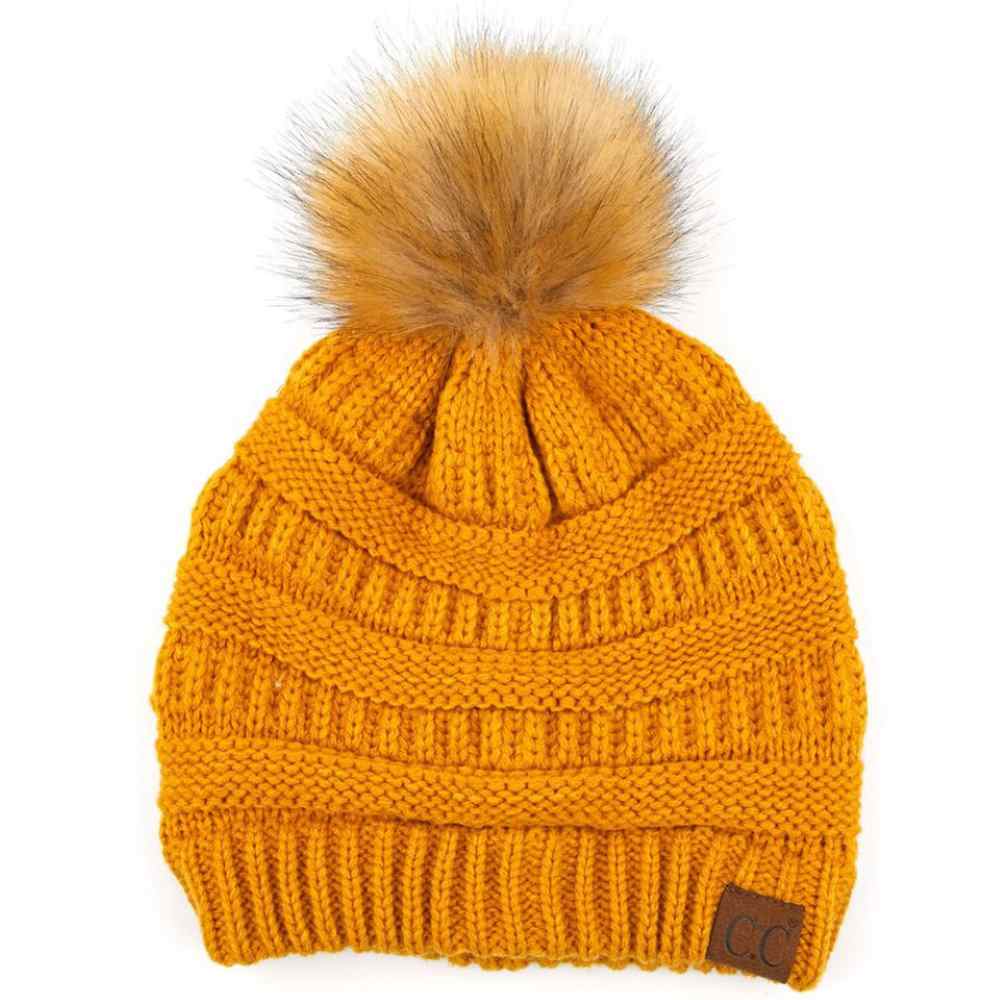 C.C Solid Ribbed Knit Beanie with Pom