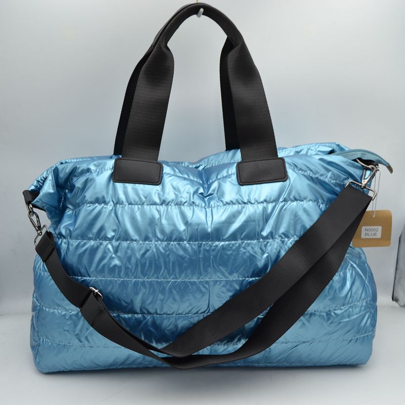 Horizontal Puffer Quilted Weekender Travel Duffel Bag with Shoulder Strap