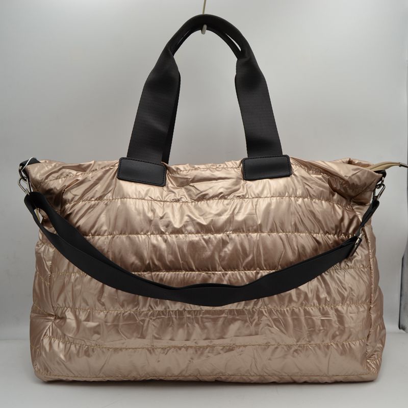 Horizontal Puffer Quilted Weekender Travel Duffel Bag with Shoulder Strap