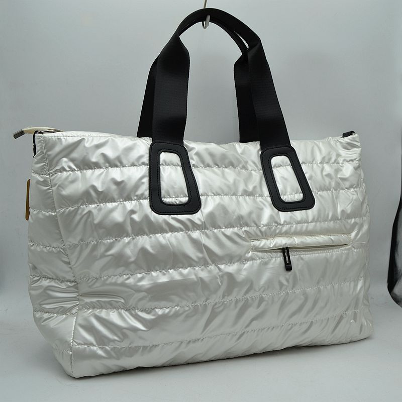 Horizontal Puffer Quilted Weekender Travel Duffel Bag with Shoulder Strap