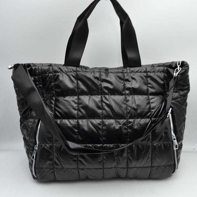 Grid Quilted Puffer Weekender Travel Duffel Bag with Exterior Zipper Pockets