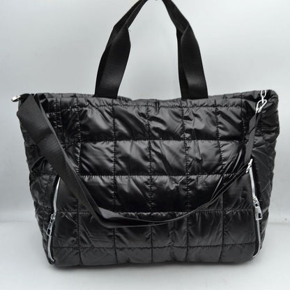 Grid Quilted Puffer Weekender Travel Duffel Bag with Exterior Zipper Pockets